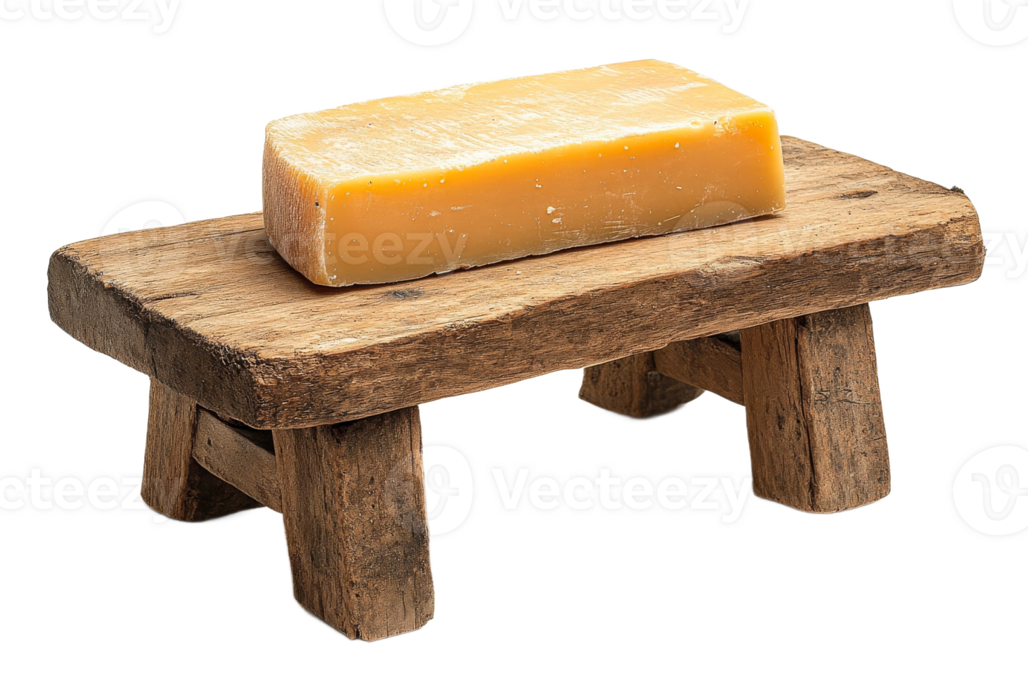 Rustic wooden table supporting a block of cheese png