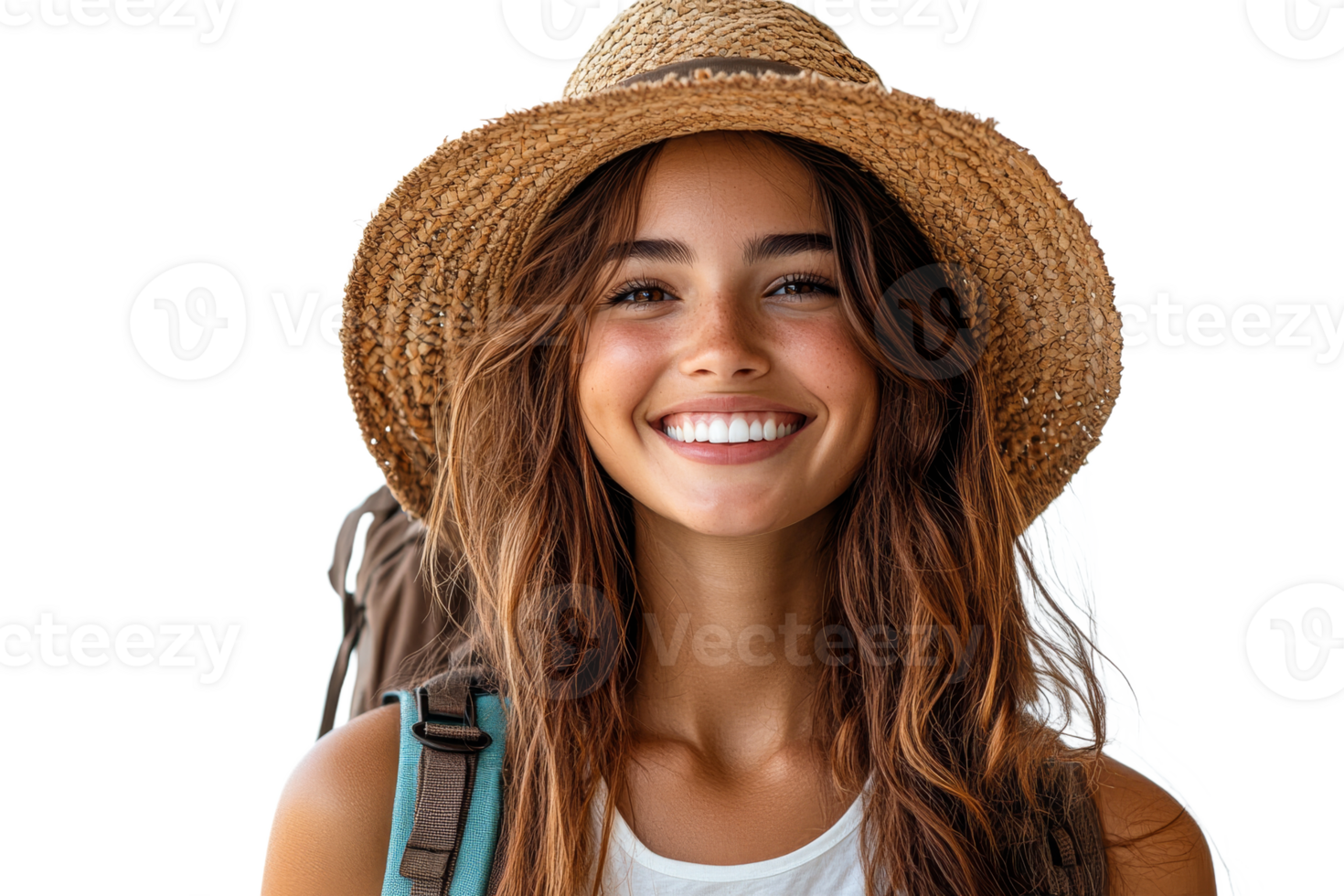 Smiling traveler with straw hat ready for adventure png