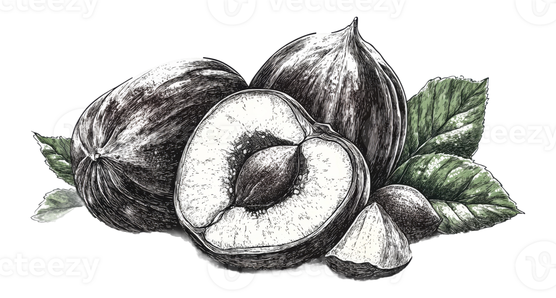 Delicious nuts and fruits with shell and leaves displayed png