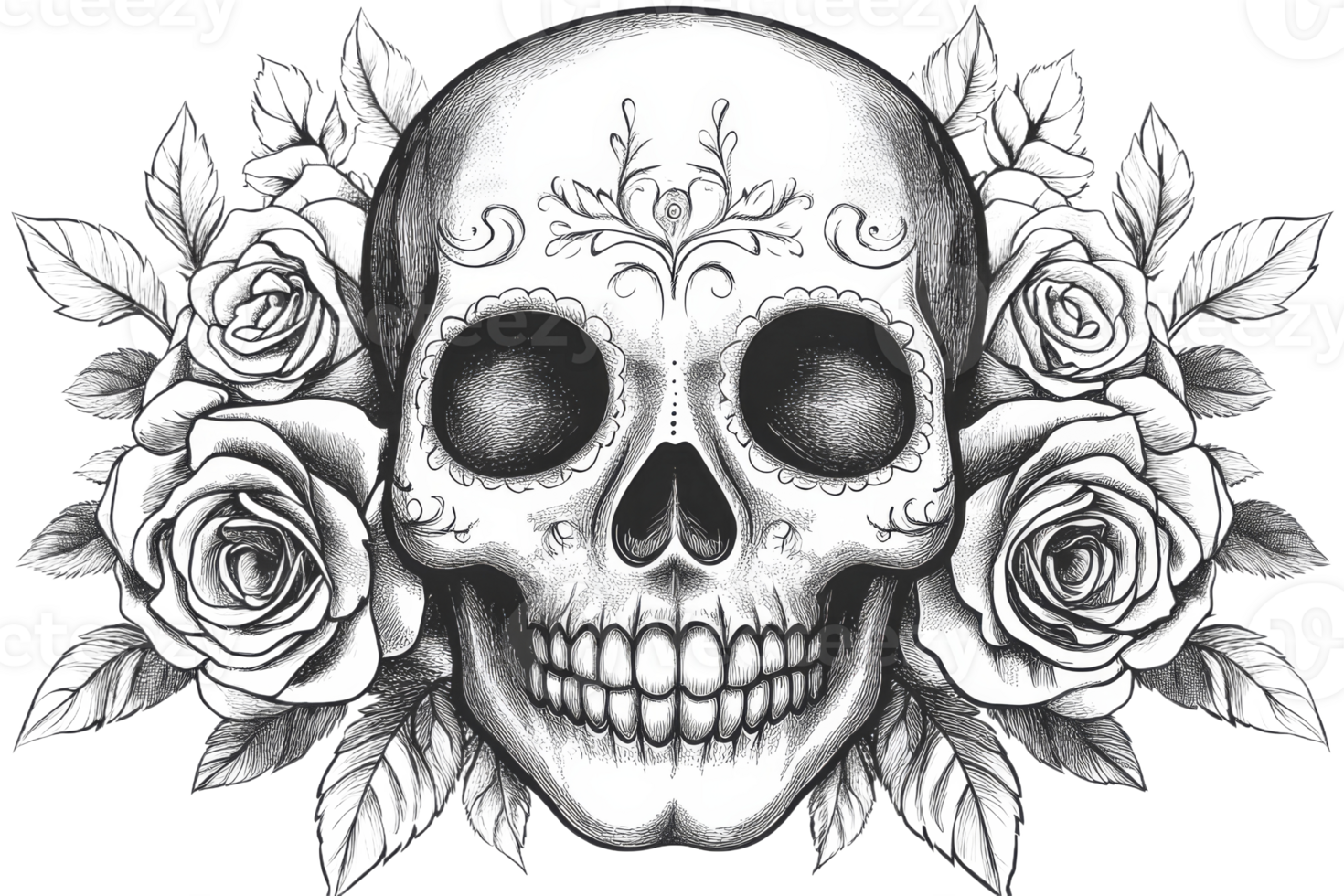 Intricate skull design with roses in floral arrangement png