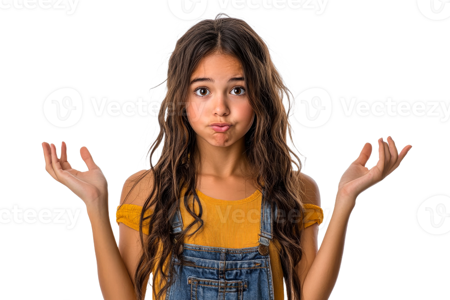 Girl expressing confusion with a playful shrug in 2023 png