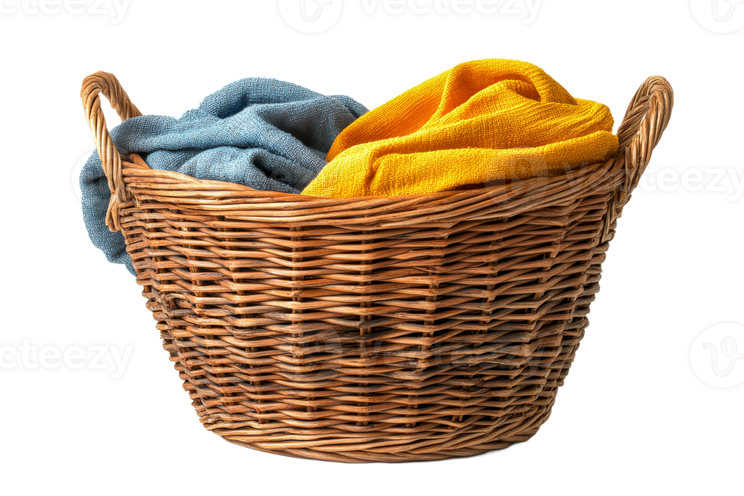 Woven basket filled with colorful towels at home png