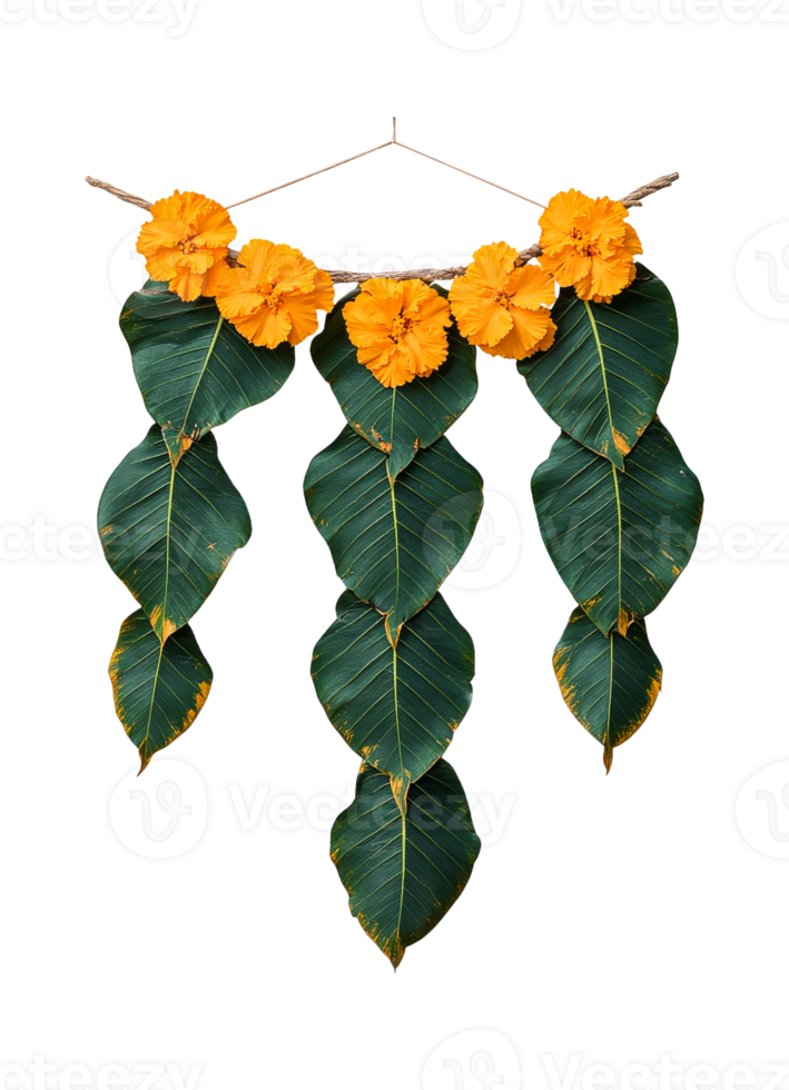 Decorative floral arrangement with leaves and flowers png