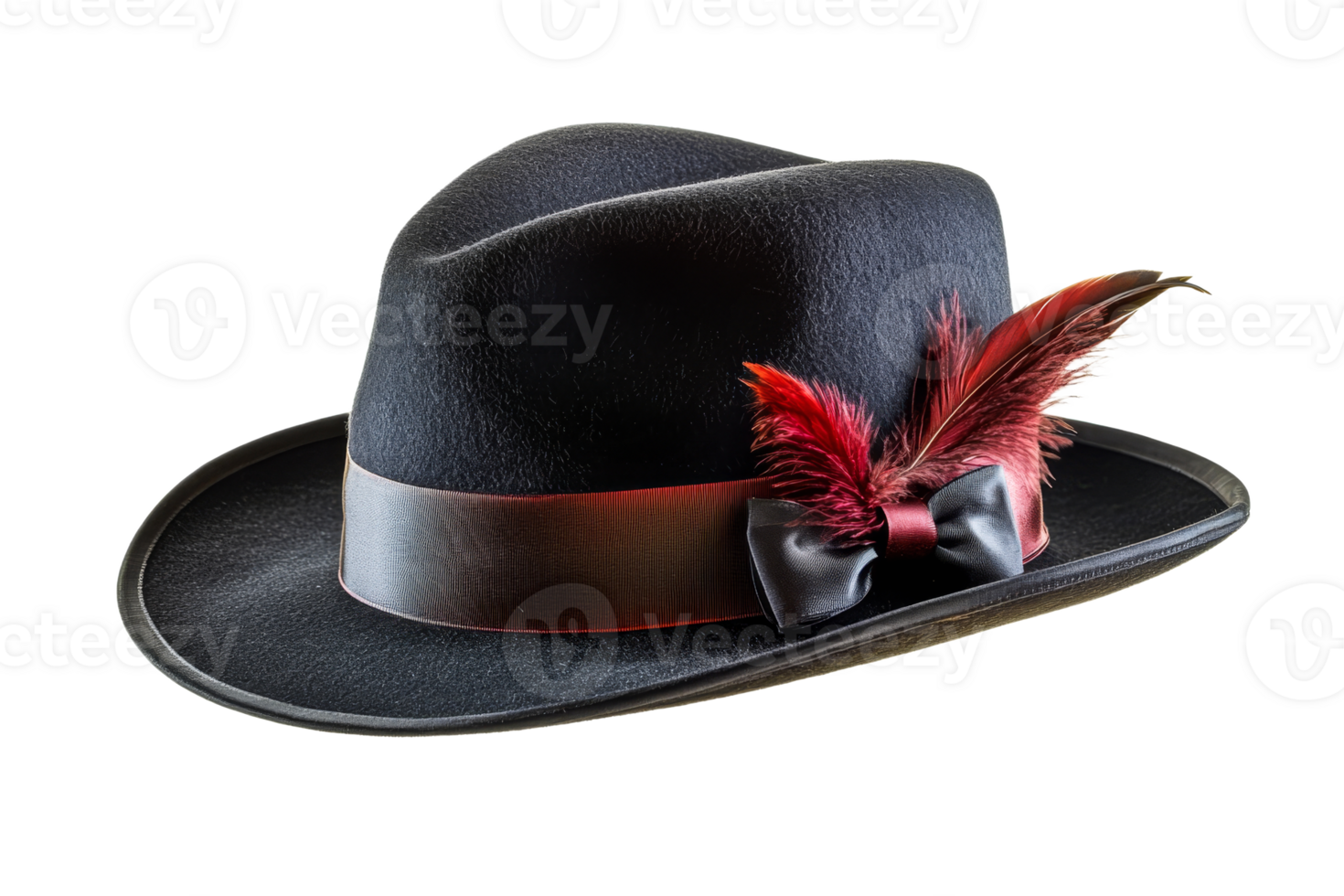 Stylish black hat with red feathers and bow decoration png