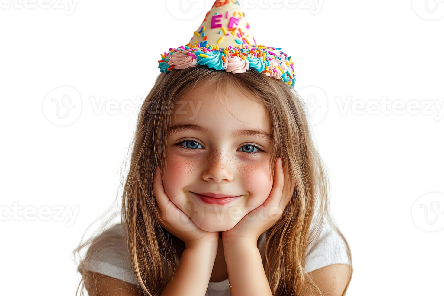 Young girl celebrating with a colorful party hat png