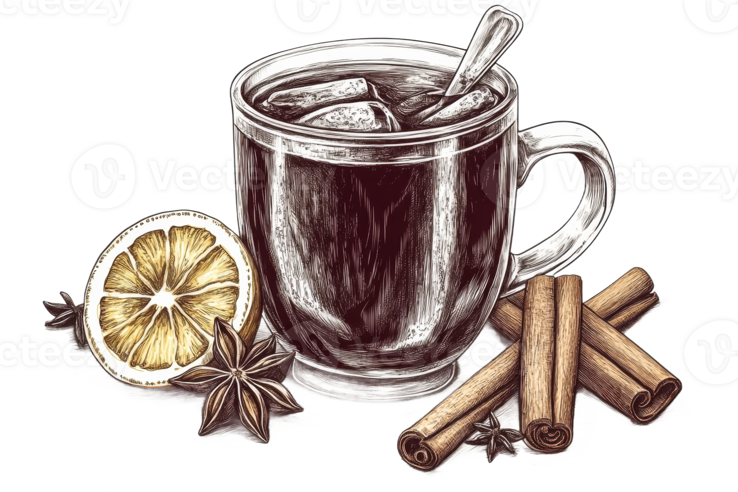 Refreshing iced drink with lemon and spices served in glass png