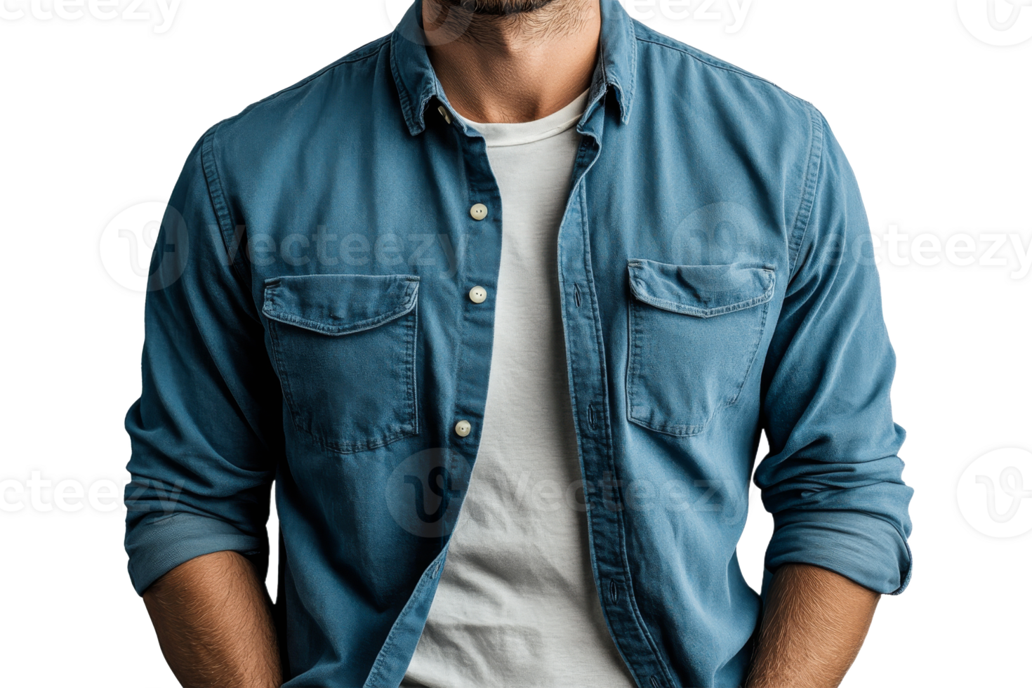Man wearing blue button up shirt and white t shirt png