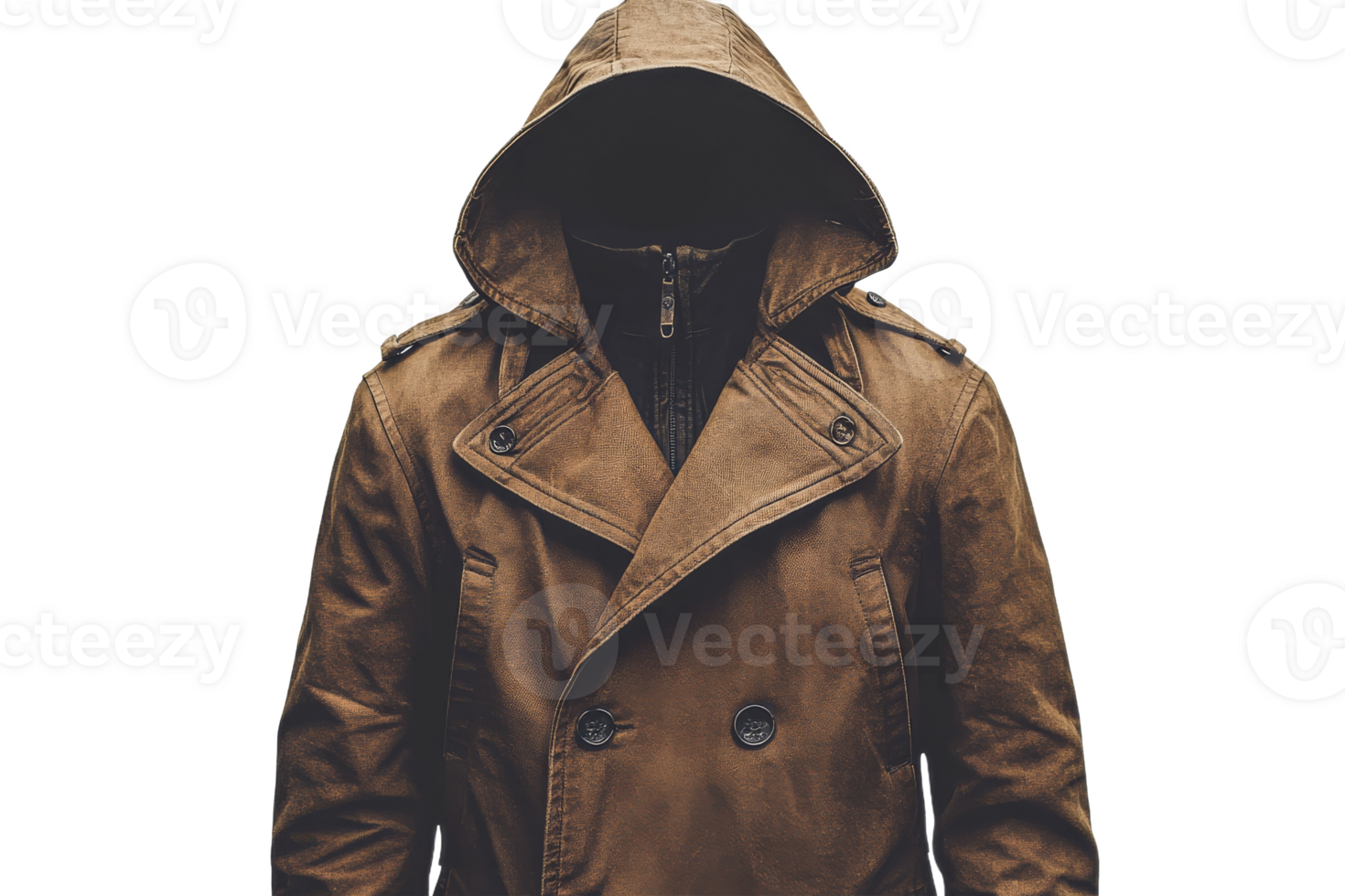 Stylish brown trench coat with hood and no face visible png