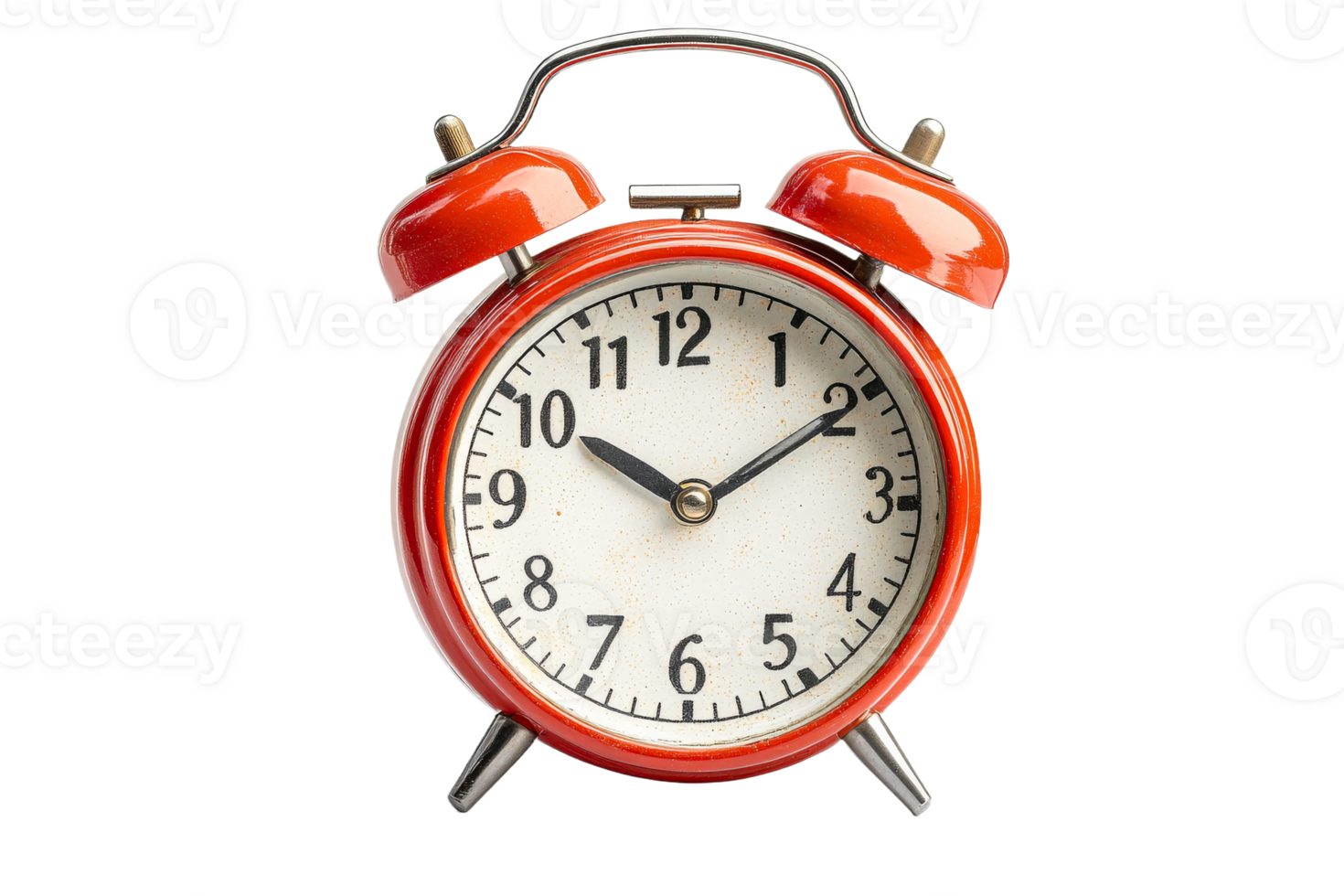 Classic red alarm clock with a white face and black numbers png