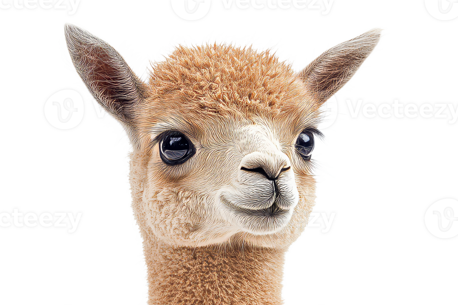 Cute llama with fluffy fur and bright eyes in clear setting png
