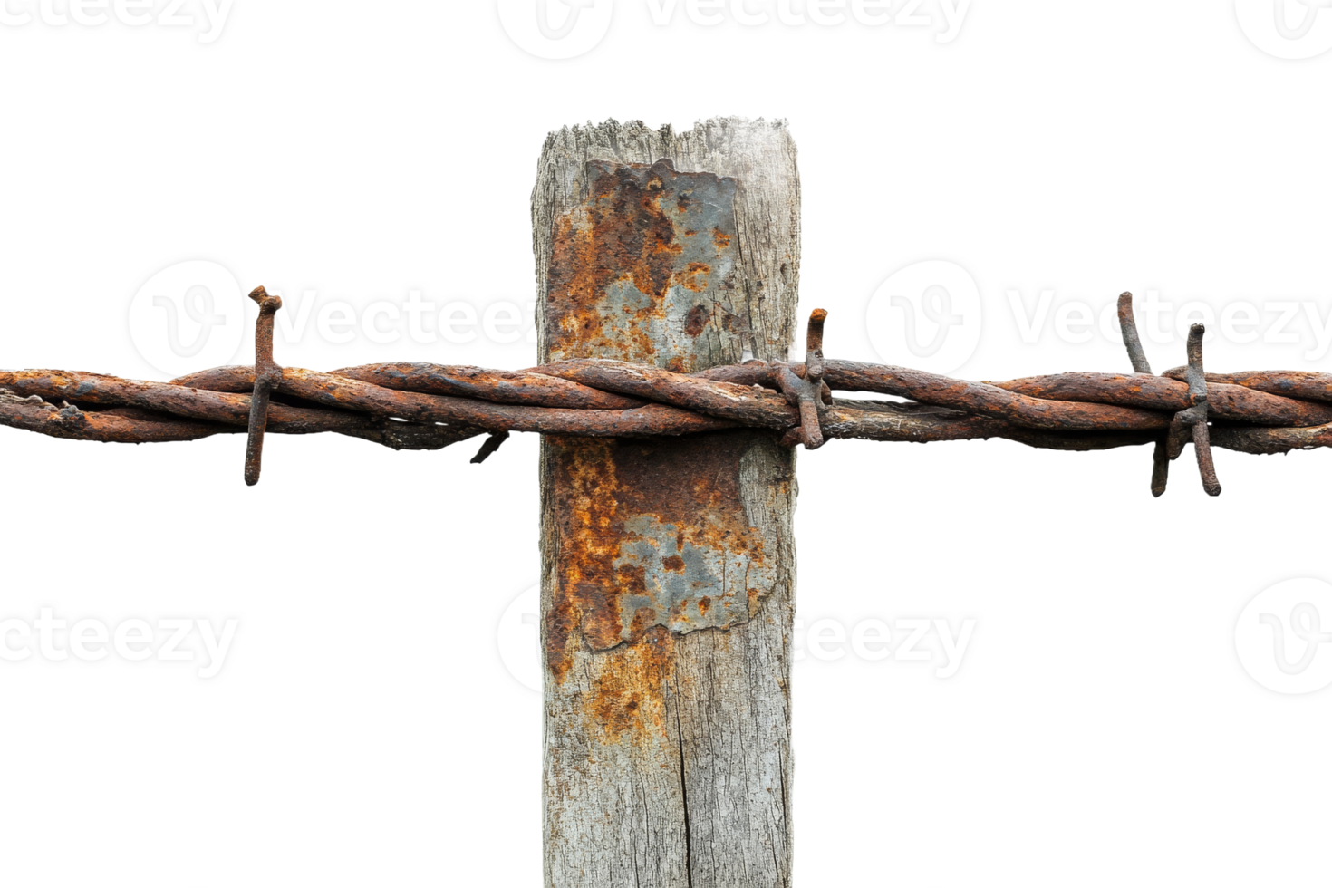Rusty barbed wire on weathered wooden post png