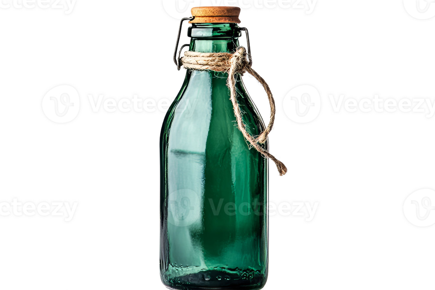 Green glass bottle with cork and twine on a clear background png