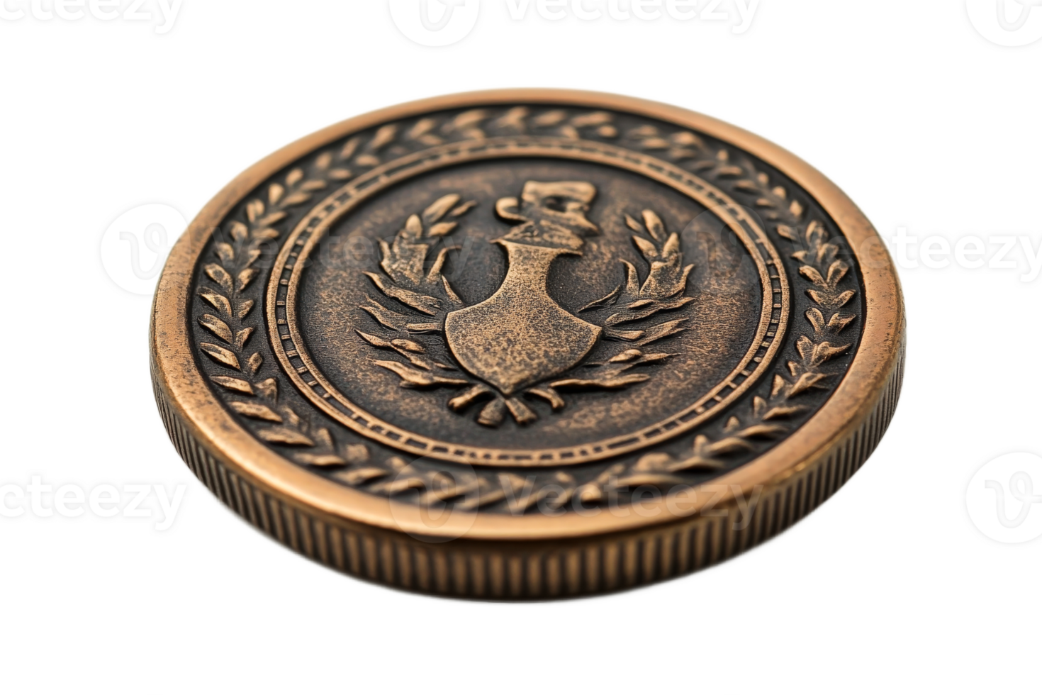 Bronze medal with intricate design and wreath detail png