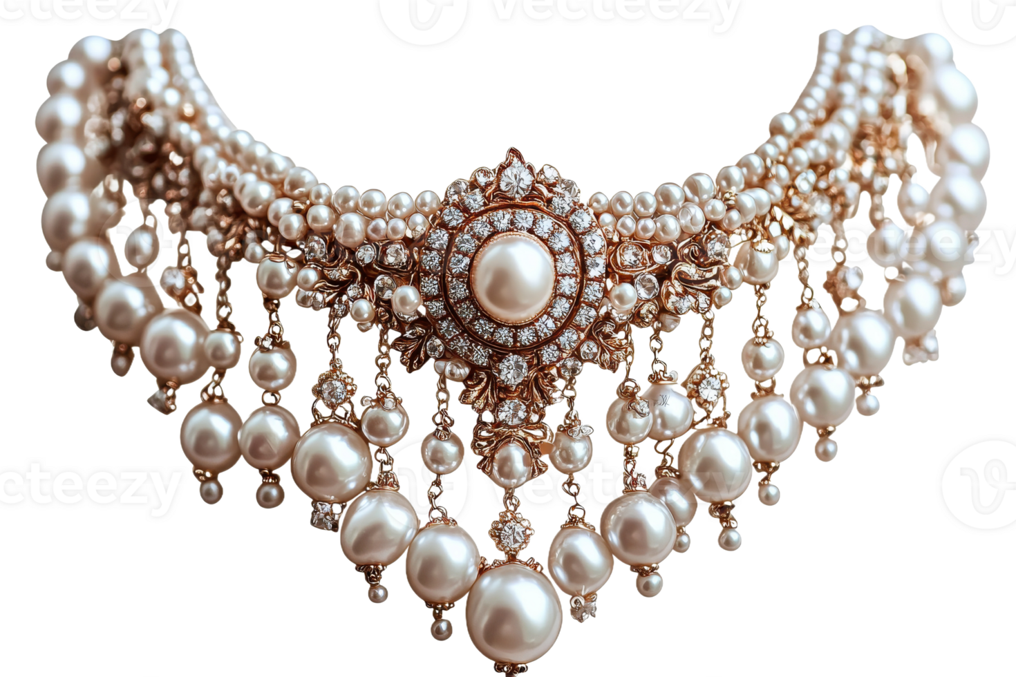 Elegant pearl necklace with intricate design and gems png