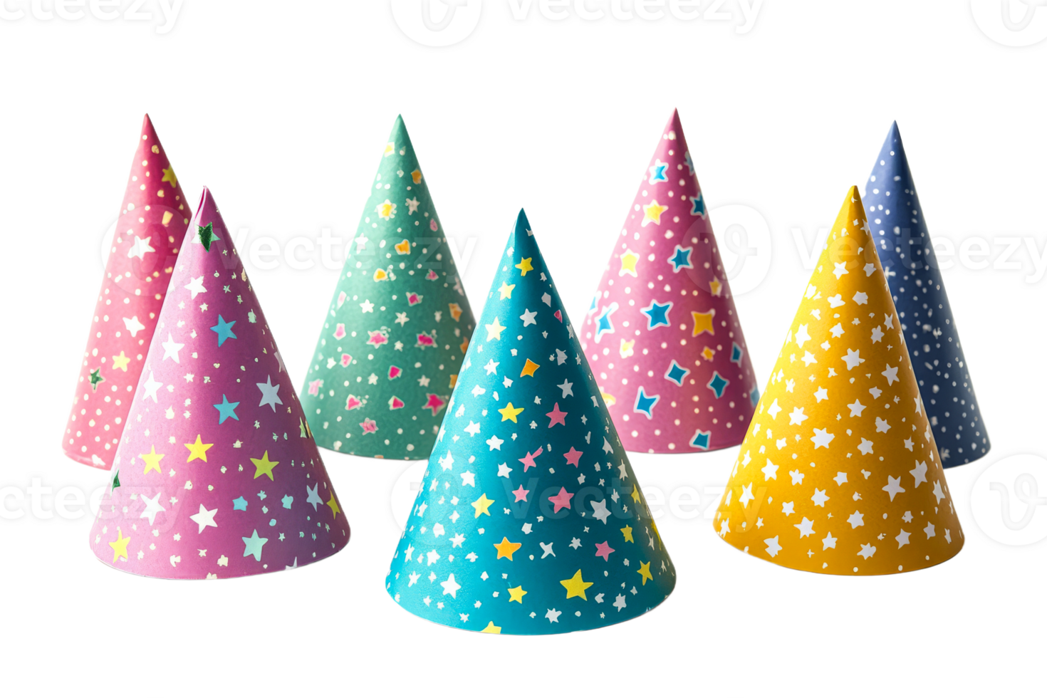 Colorful party hats arranged on a transparent background png
