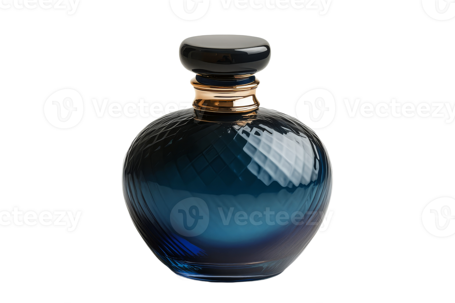 Elegant blue glass perfume bottle with gold accents png