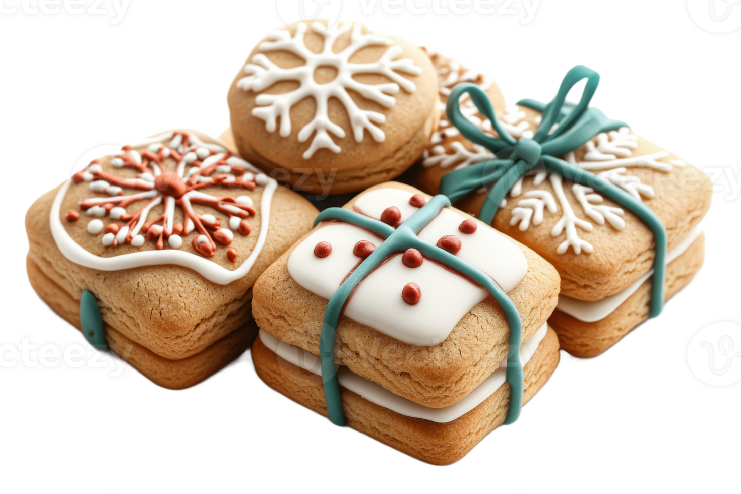 Decoratively iced gingerbread cookies with festive designs png