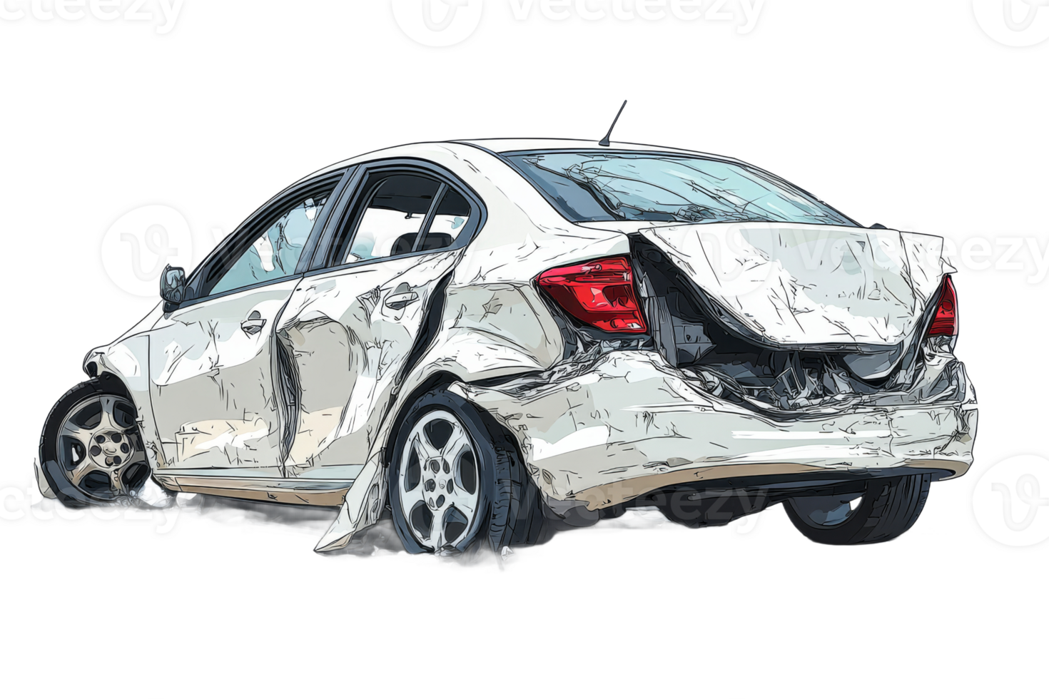 Damaged sedan with extensive rear end destruction png