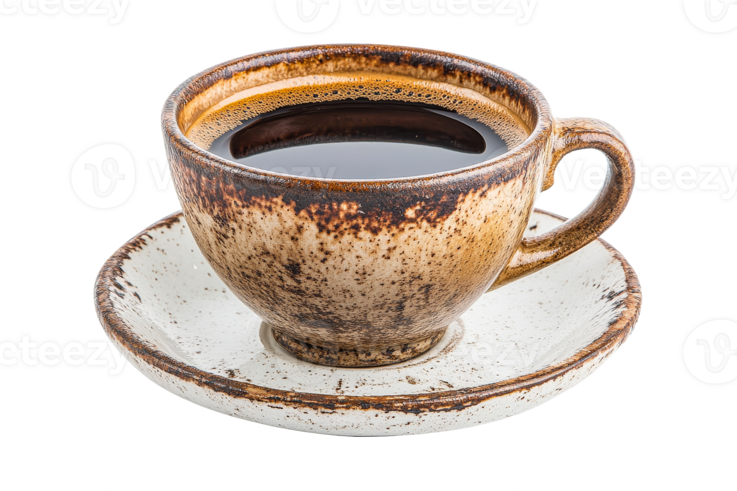 Fresh brewed coffee in a rustic cup on a saucer png