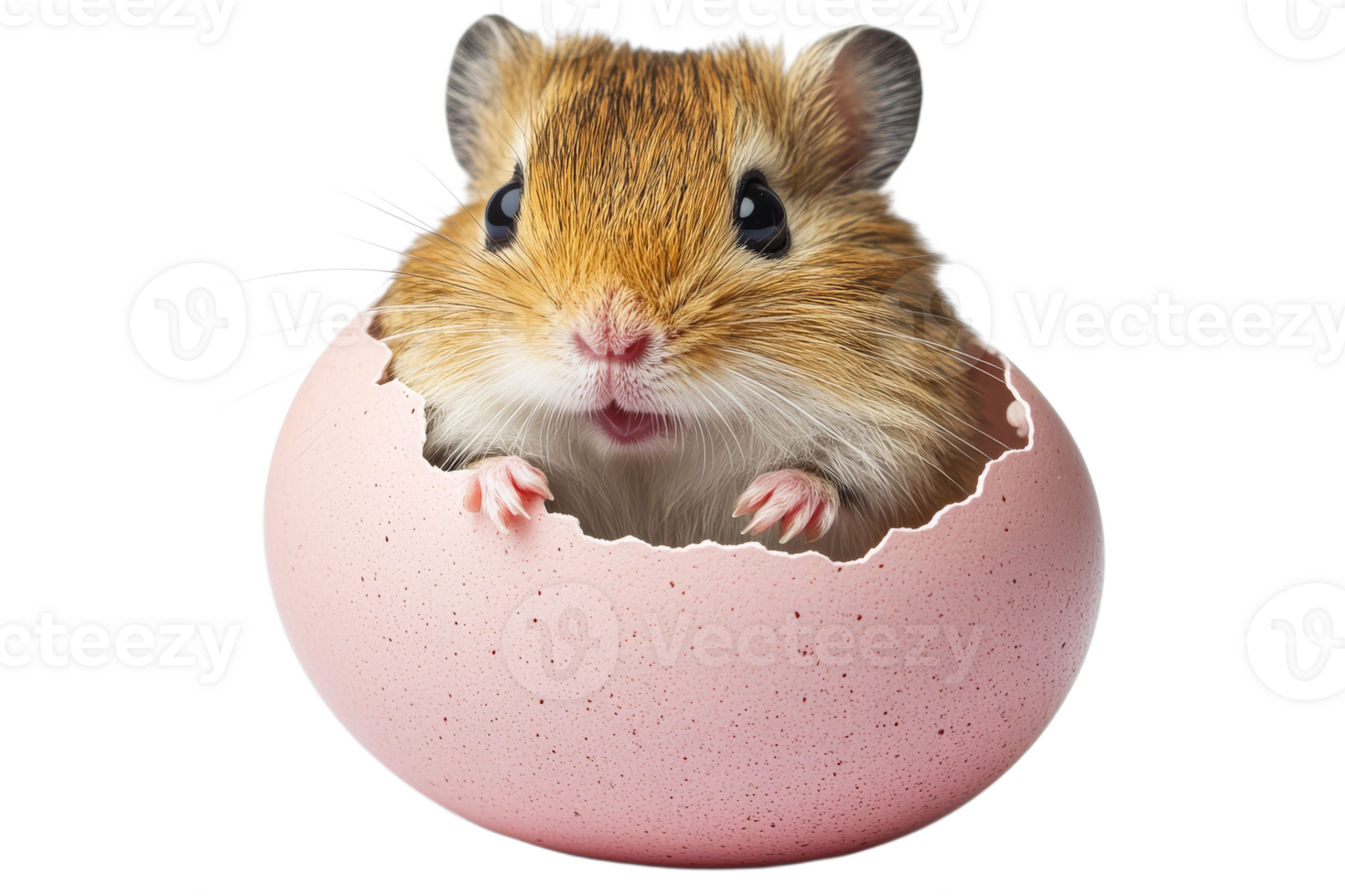 Hamster peeks from pink eggshell on transparent background png