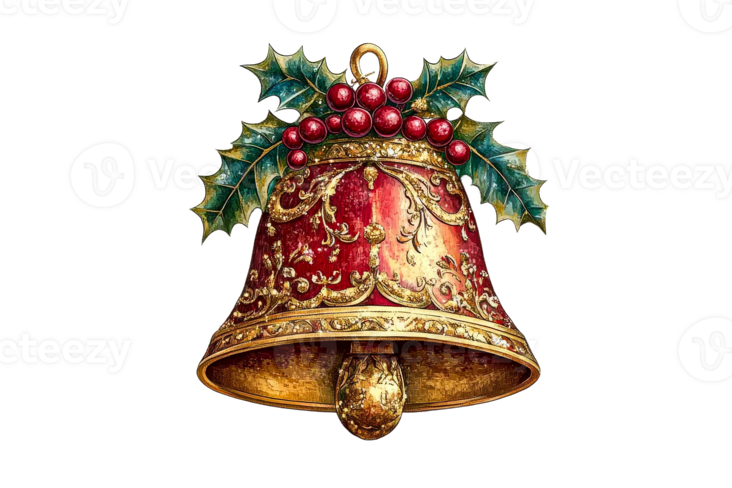 Decorative Christmas bell with holly and berries design png