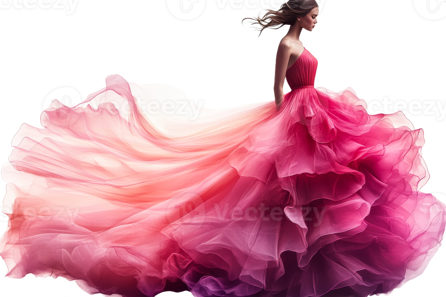 A woman models a stunning pink dress with flowing layers png