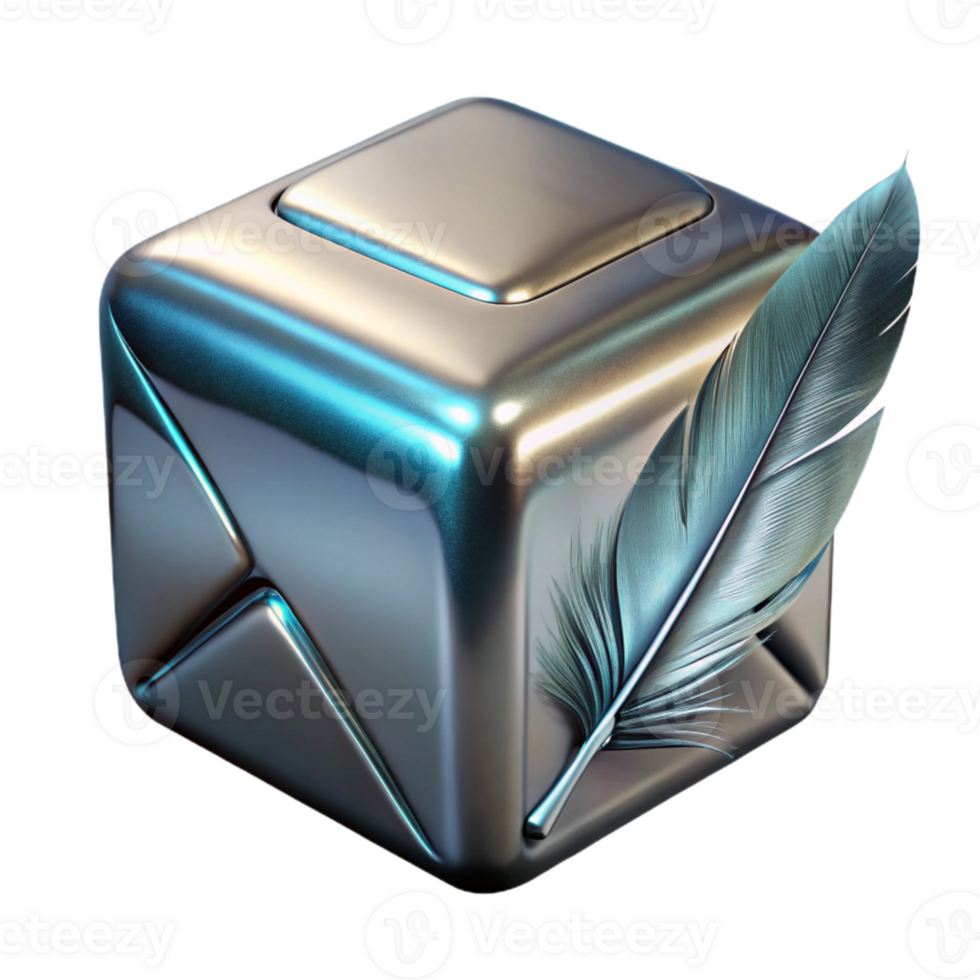 stunning classic Metallic Cube and Feather Plume Transparent Background authentic png