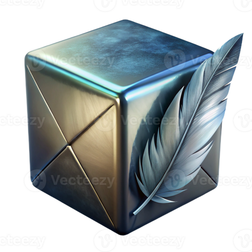 beautiful creative Metallic Cube and Feather Plume Transparent Background high quality png