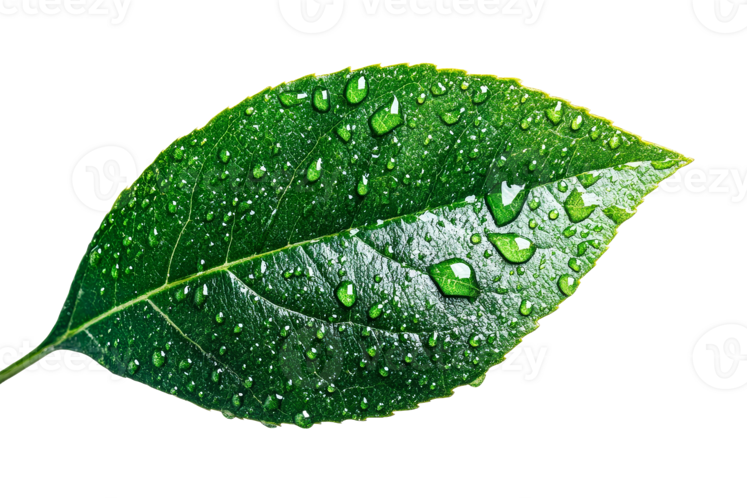 Green leaf with water droplets, clear background png