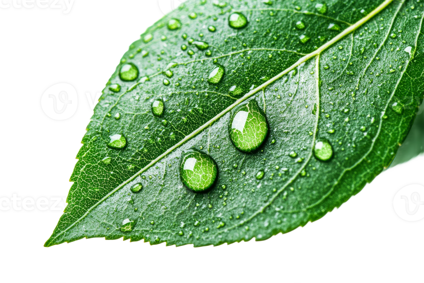 Water droplets resting on a green leaf after rainfall png