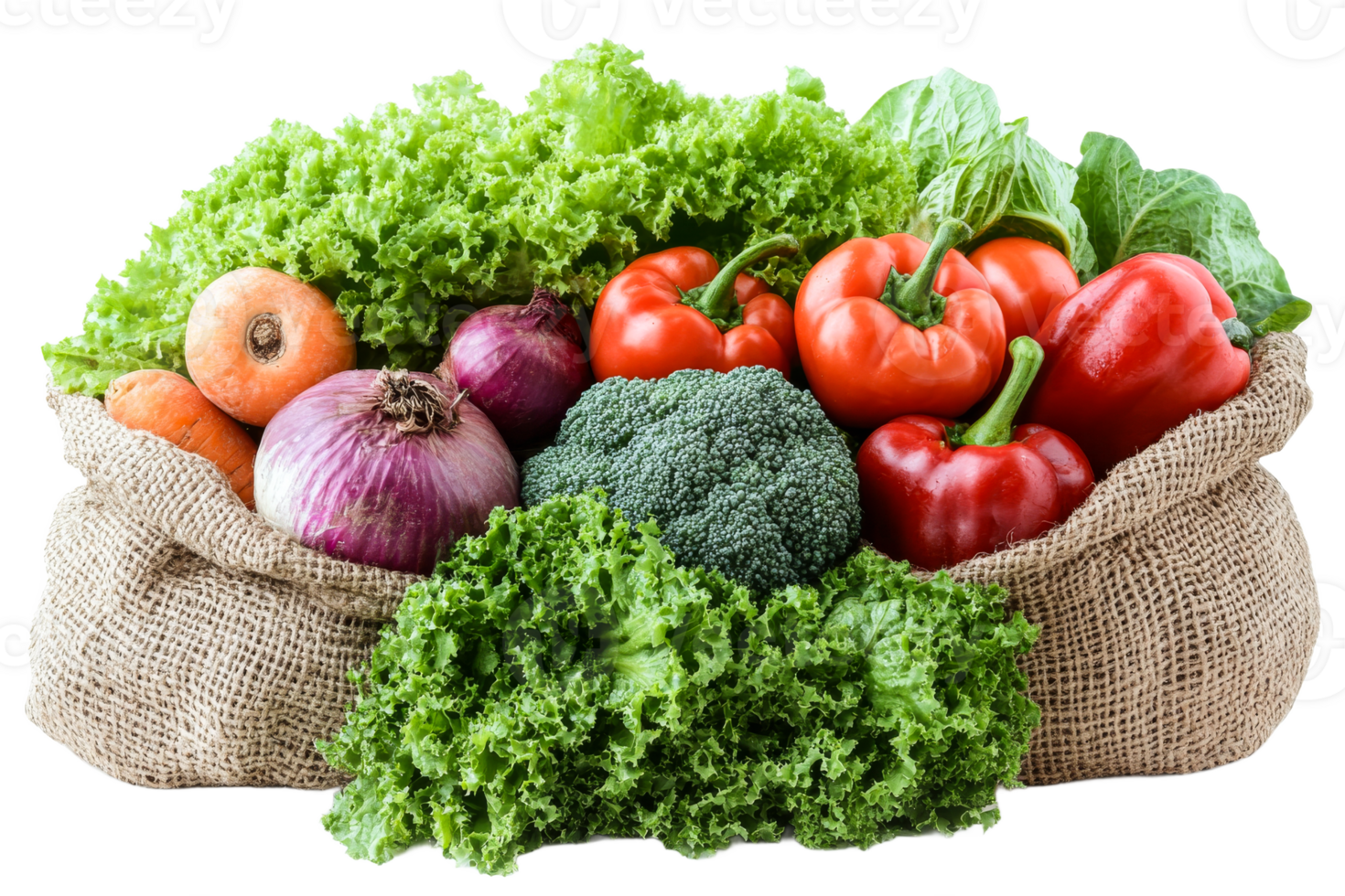 Fresh vegetables in burlap sack with vibrant greens png