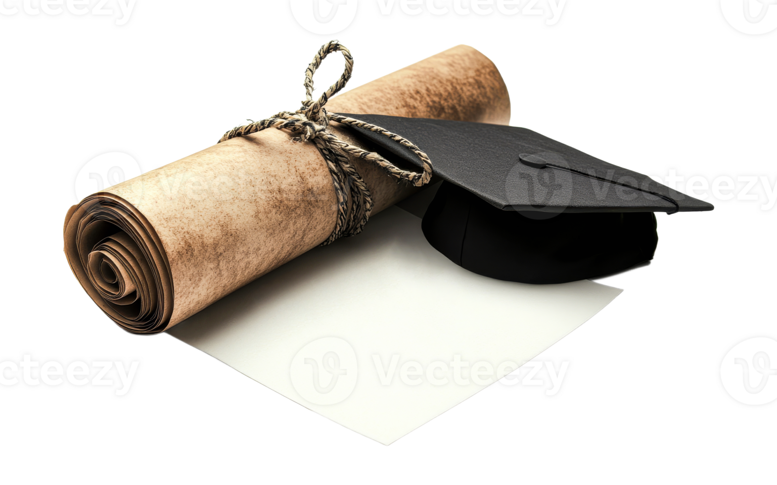 Graduation cap and rolled diploma with empty paper png
