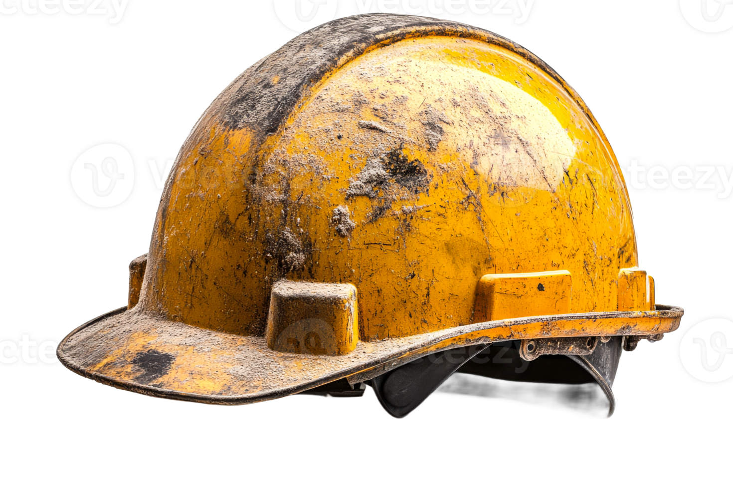 Worn yellow hard hat with dust and scratches png