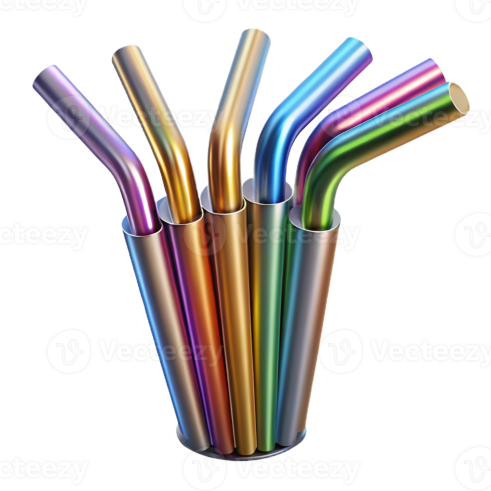 beautiful traditional Metal Straws in Rainbow Colors Isolated on Transparent Background detailed png