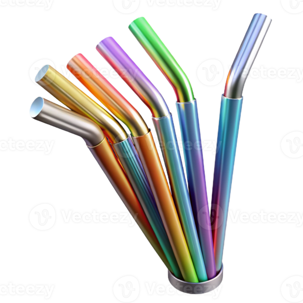 beautiful artistic Metal Straws in Rainbow Colors Isolated on Transparent Background high quality png