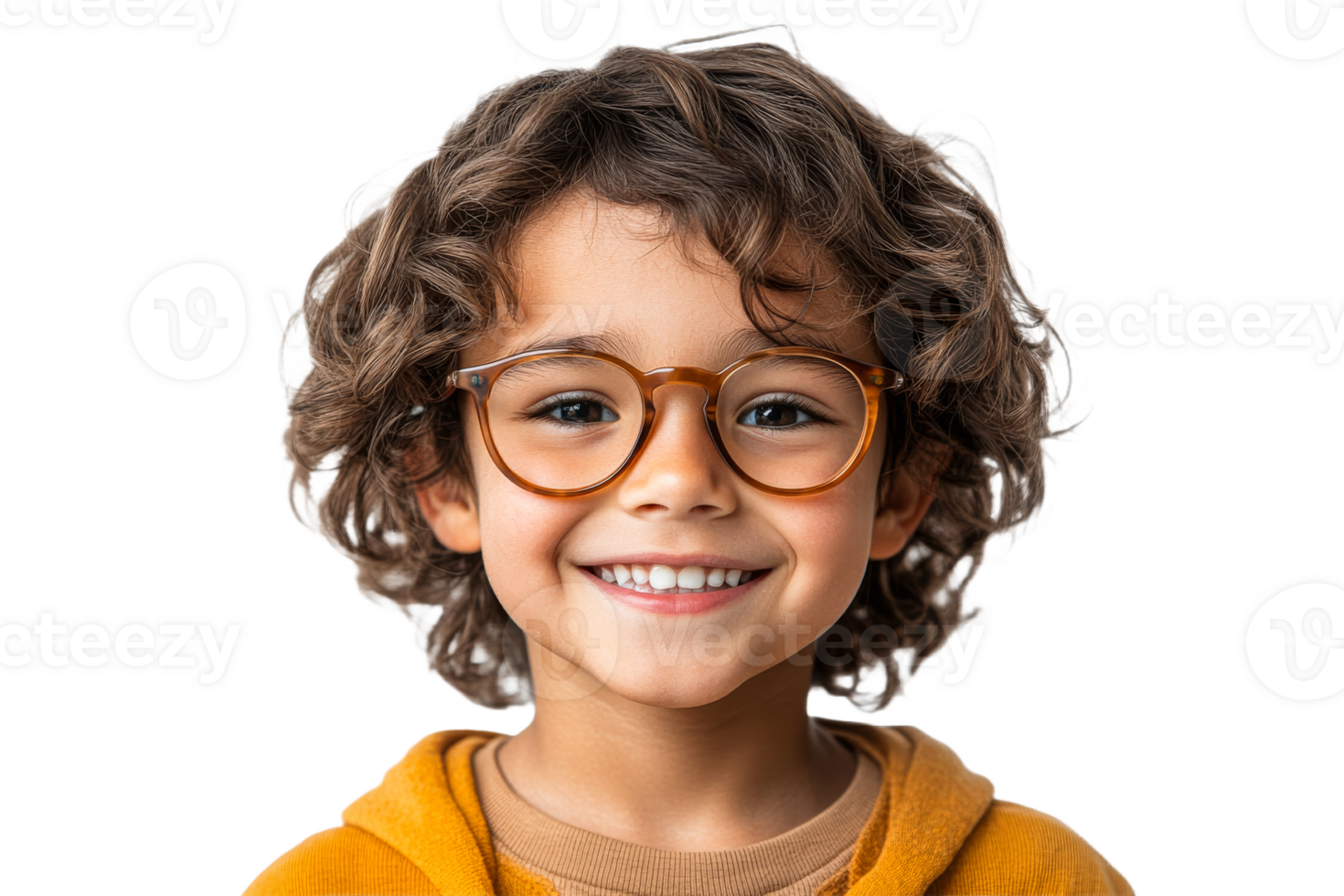 Child with curly hair and glasses in an orange hoodie png