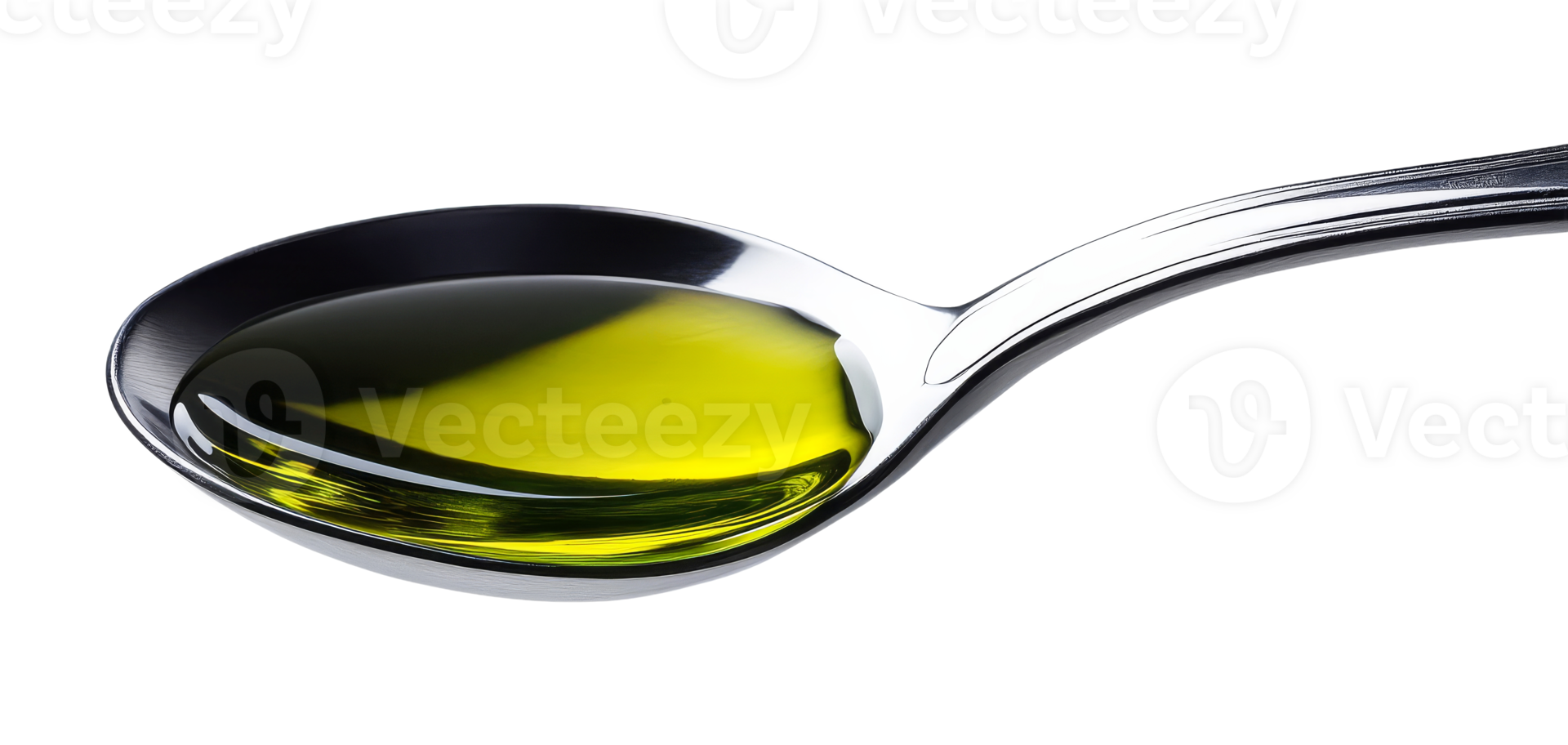 A metallic spoon holds a glossy layer of green olive oil png