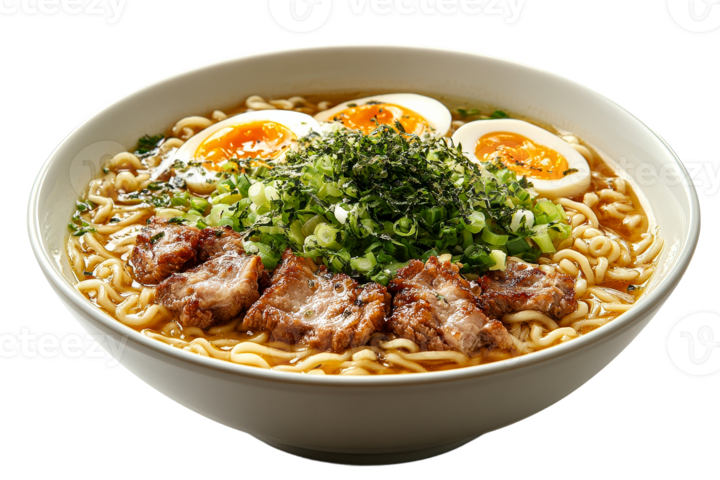 Delicious ramen bowl with tender meat and eggs png