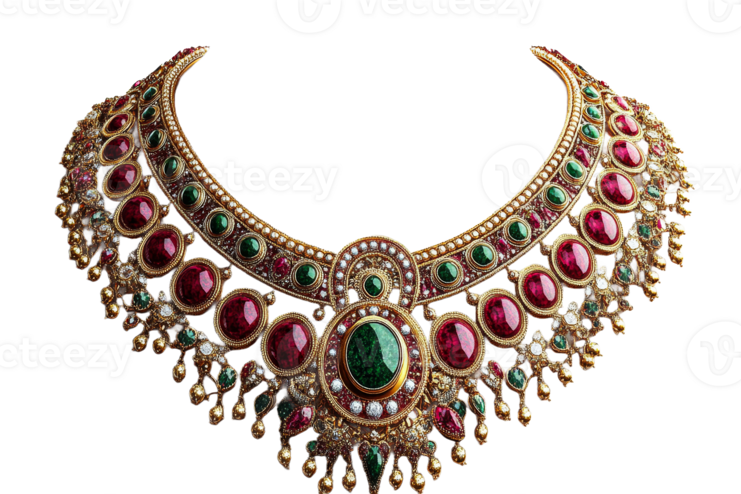 Elegant necklace with red and green gems on clear png