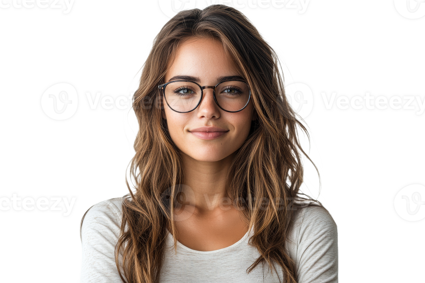 Young woman with glasses and long hair smiling gently png