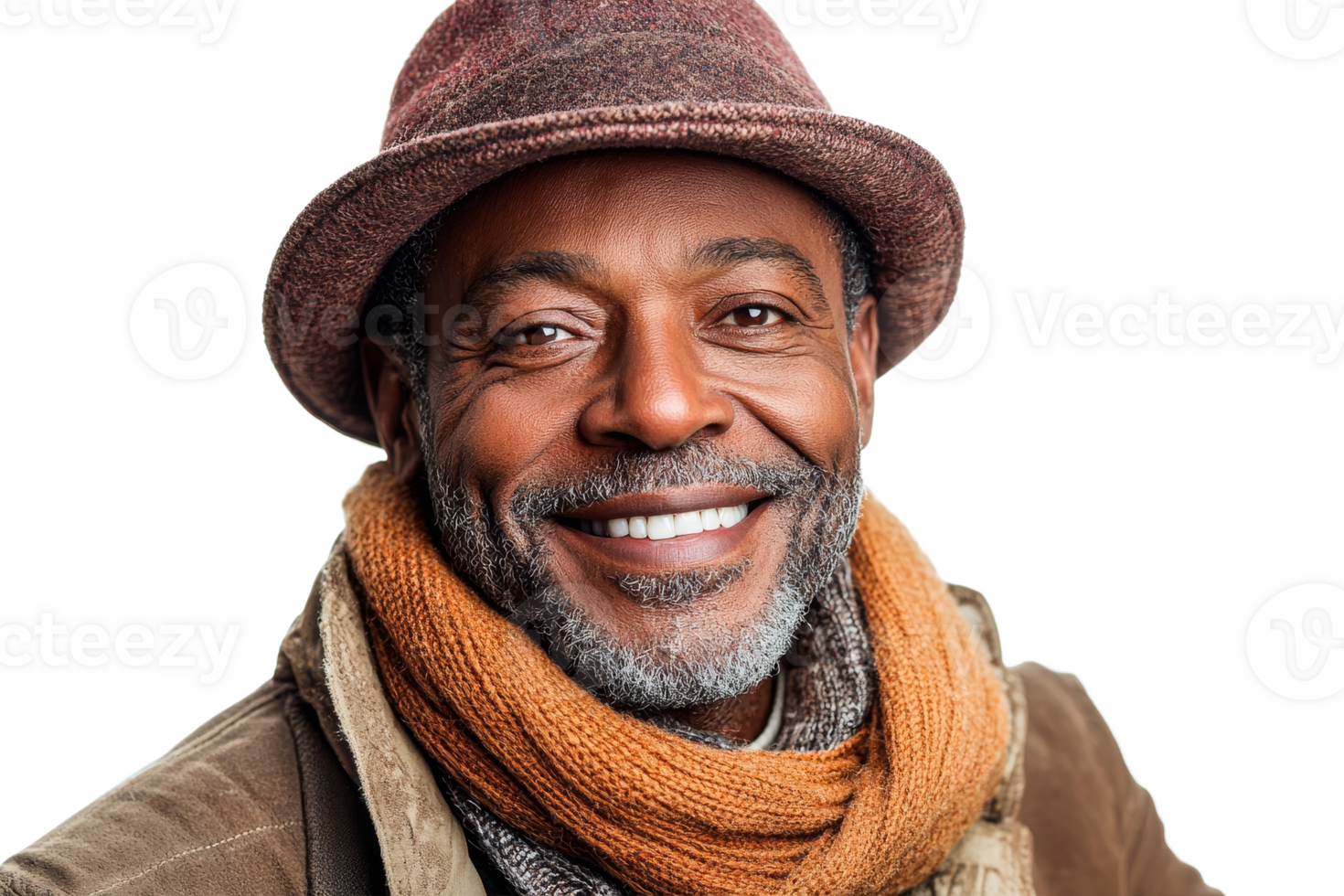 Man in hat and scarf, smiling, transparent bg png