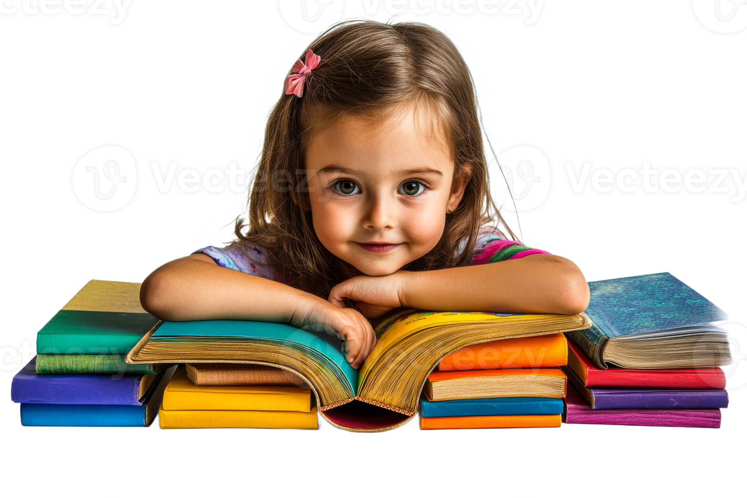 Child enjoying colorful books on a table png