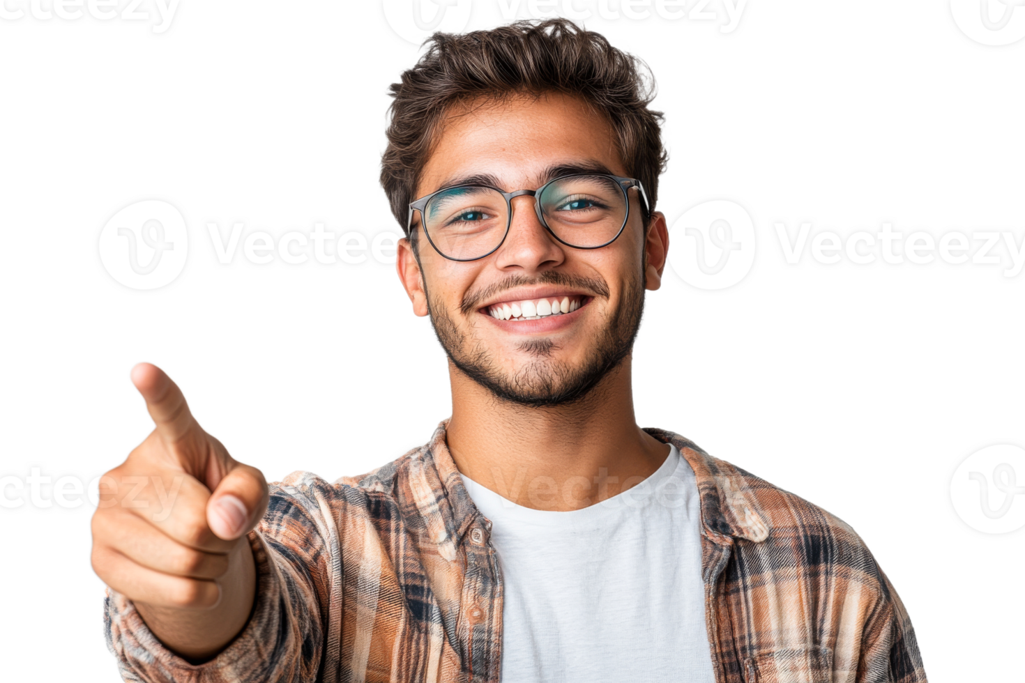 Young man smiling and pointing on a transparent background png