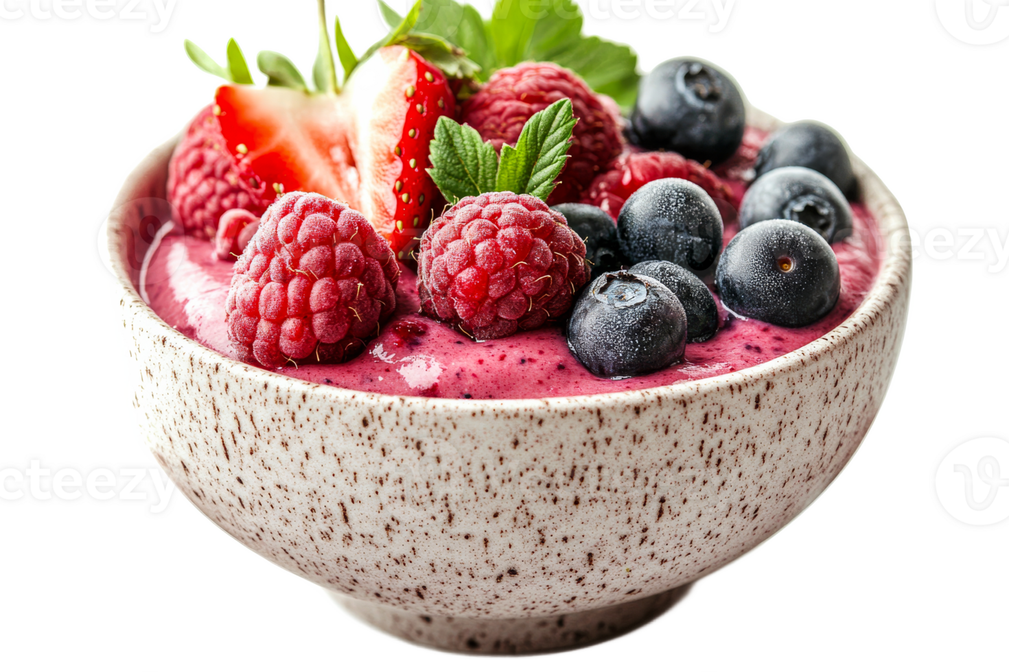 Fruit smoothie bowl with fresh berries and mint garnish png