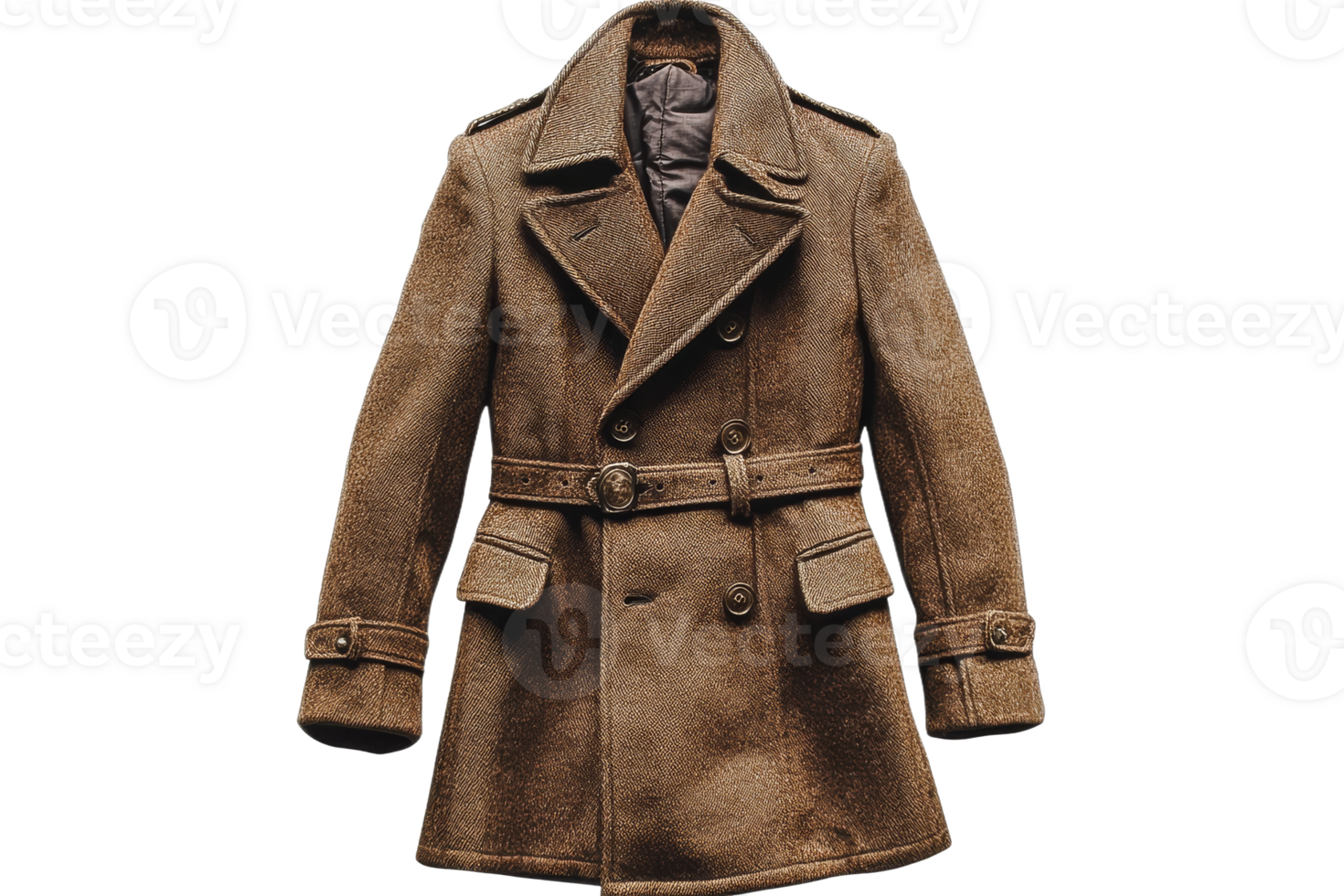 Brown wool overcoat with buttons and belt detail png