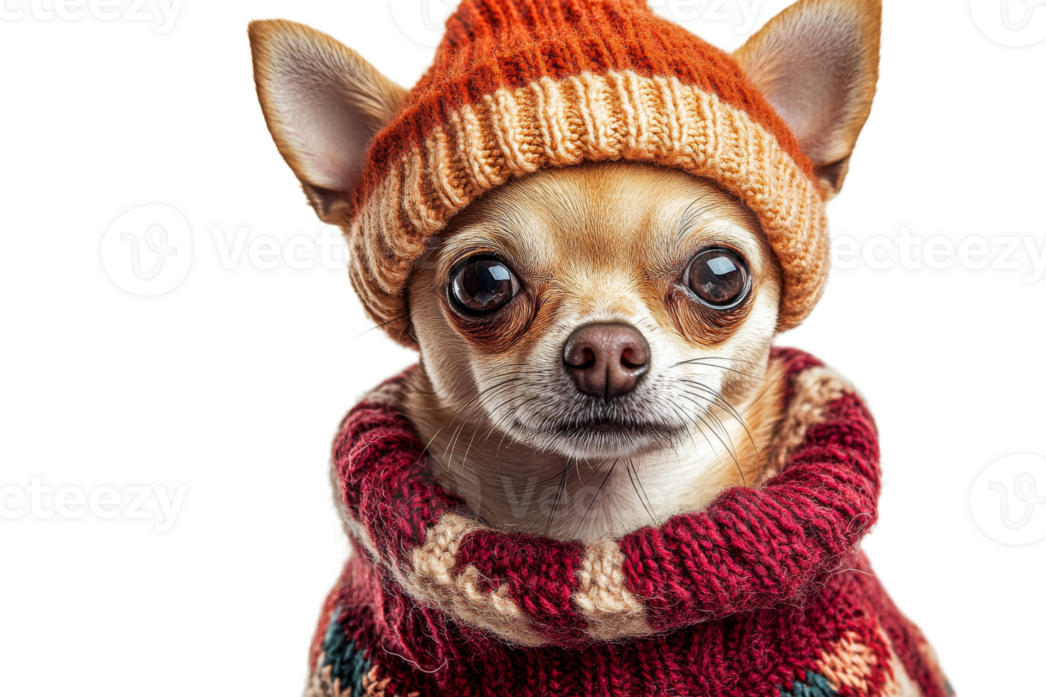 Cute chihuahua wearing a cozy sweater and hat png