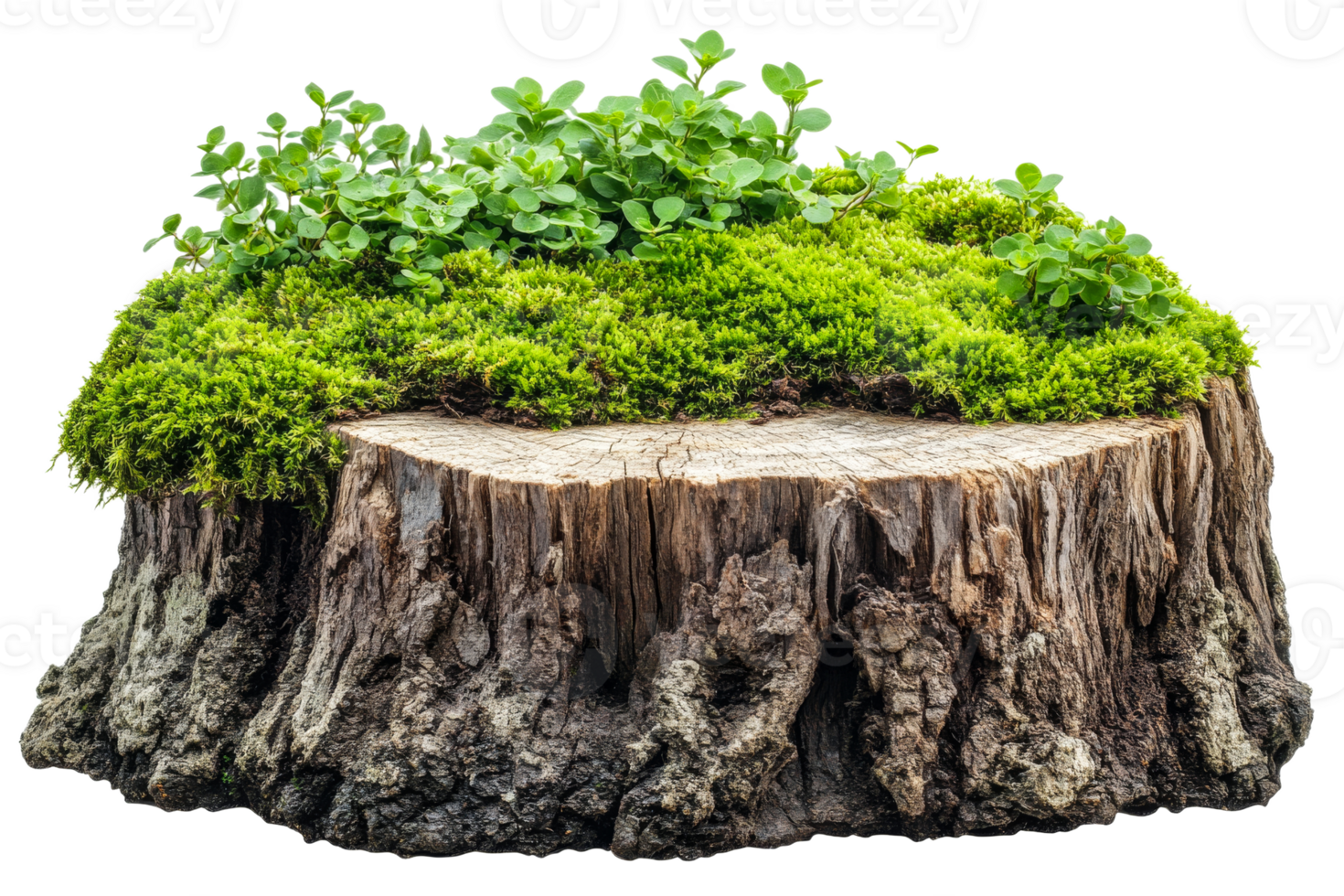 Unique tree stump with vibrant moss and greenery png