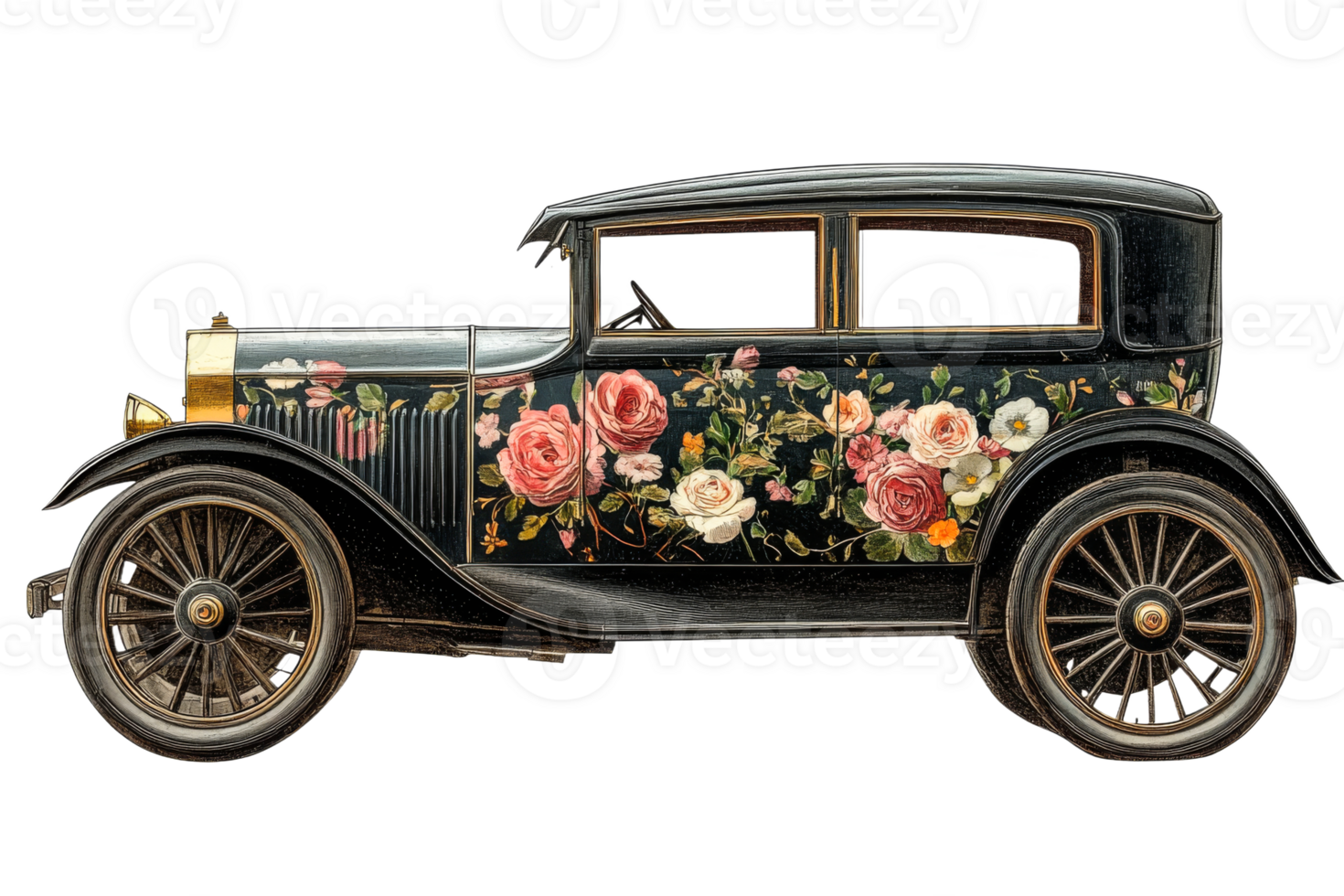 Floral vintage car on transparent background png