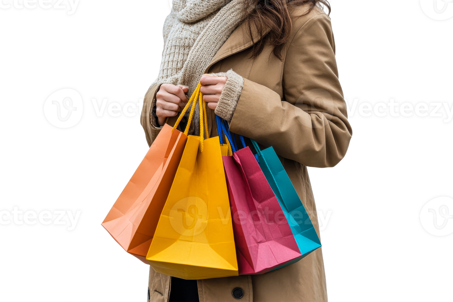 Woman holding colorful shopping bags during winter png