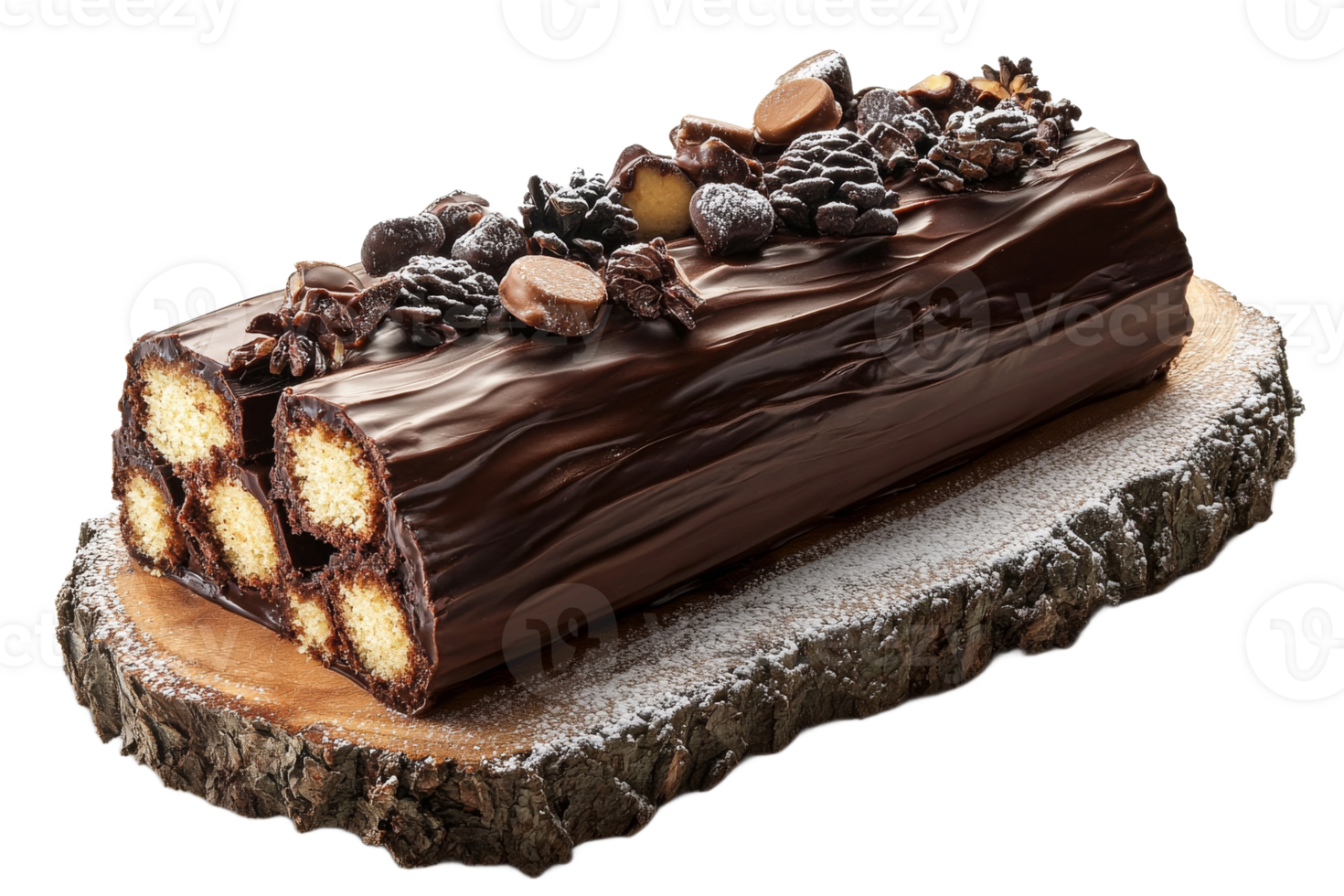 Chocolate log cake decorated with nuts and berries png